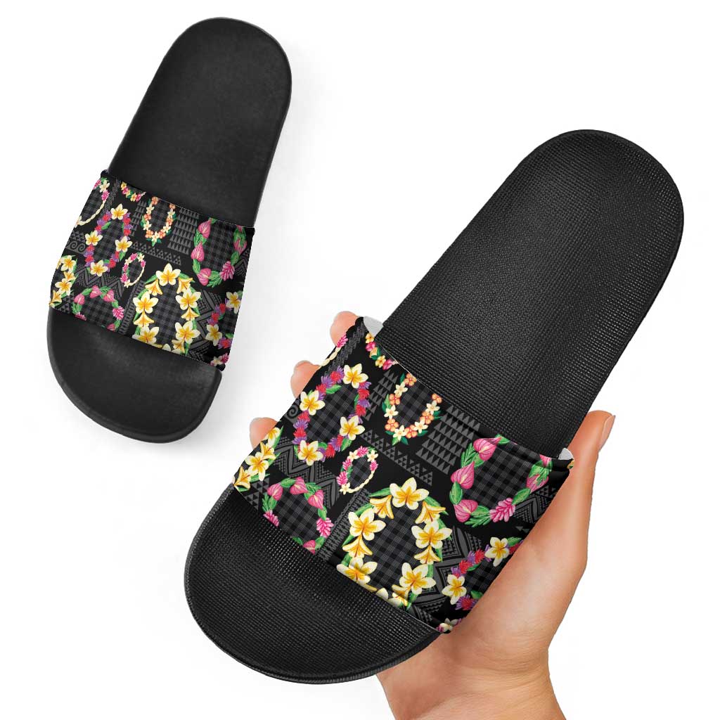 Hawaiian Kakau Tattoo Leis and Palaka Pattern Slide Sandals Traditional Aloha Tribal Black Color