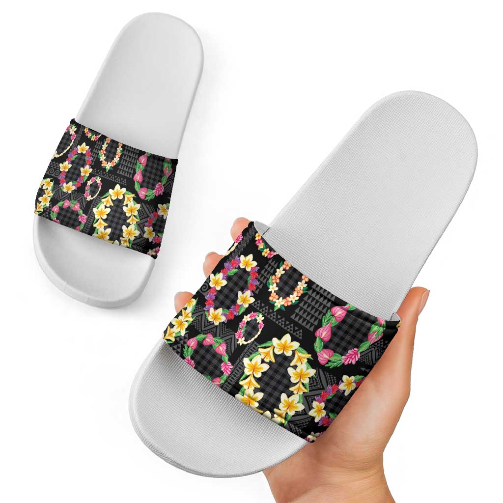 Hawaiian Kakau Tattoo Leis and Palaka Pattern Slide Sandals Traditional Aloha Tribal Black Color