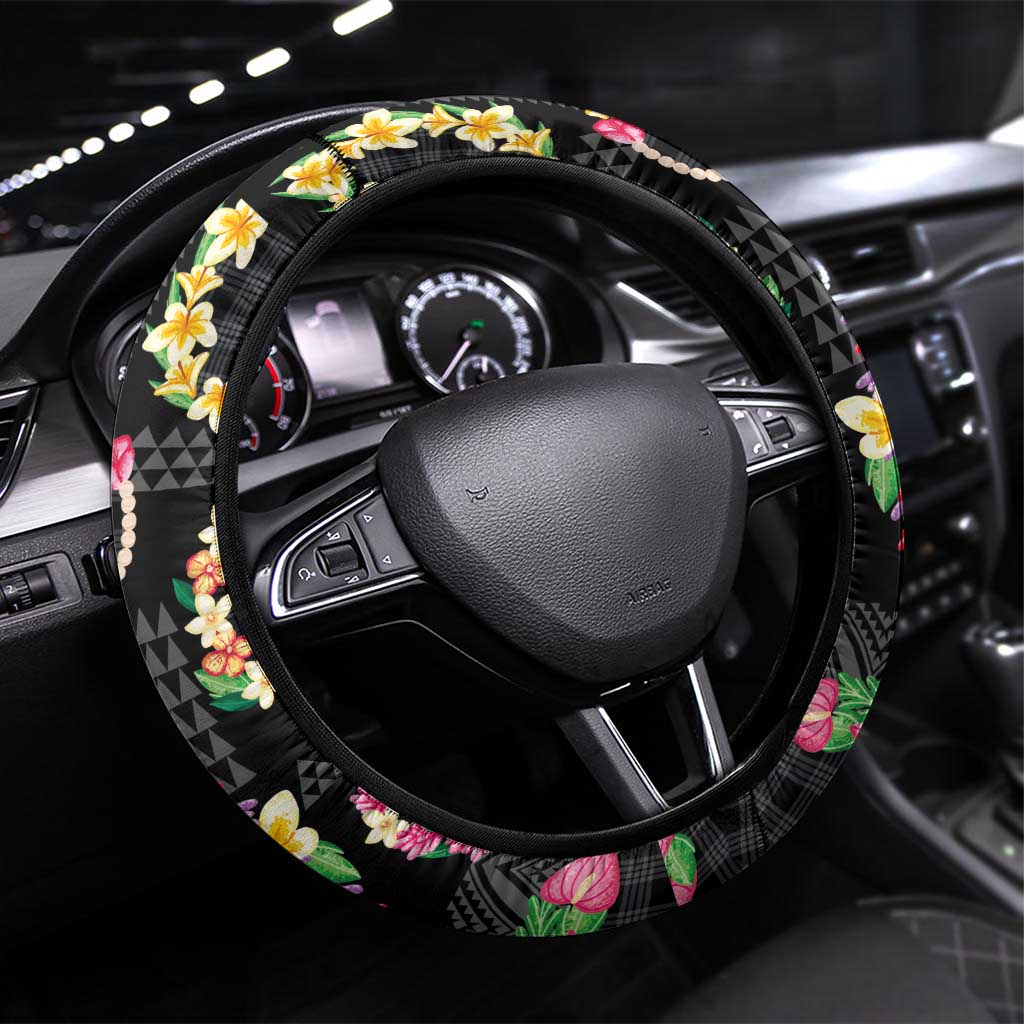 Hawaiian Kakau Tattoo Leis and Palaka Pattern Steering Wheel Cover Traditional Aloha Tribal Black Color