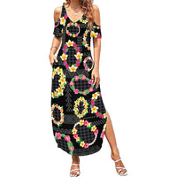 Hawaiian Kakau Tattoo Leis and Palaka Pattern Summer Maxi Dress Traditional Aloha Tribal Black Color