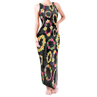 Hawaiian Kakau Tattoo Leis and Palaka Pattern Tank Maxi Dress Traditional Aloha Tribal Black Color