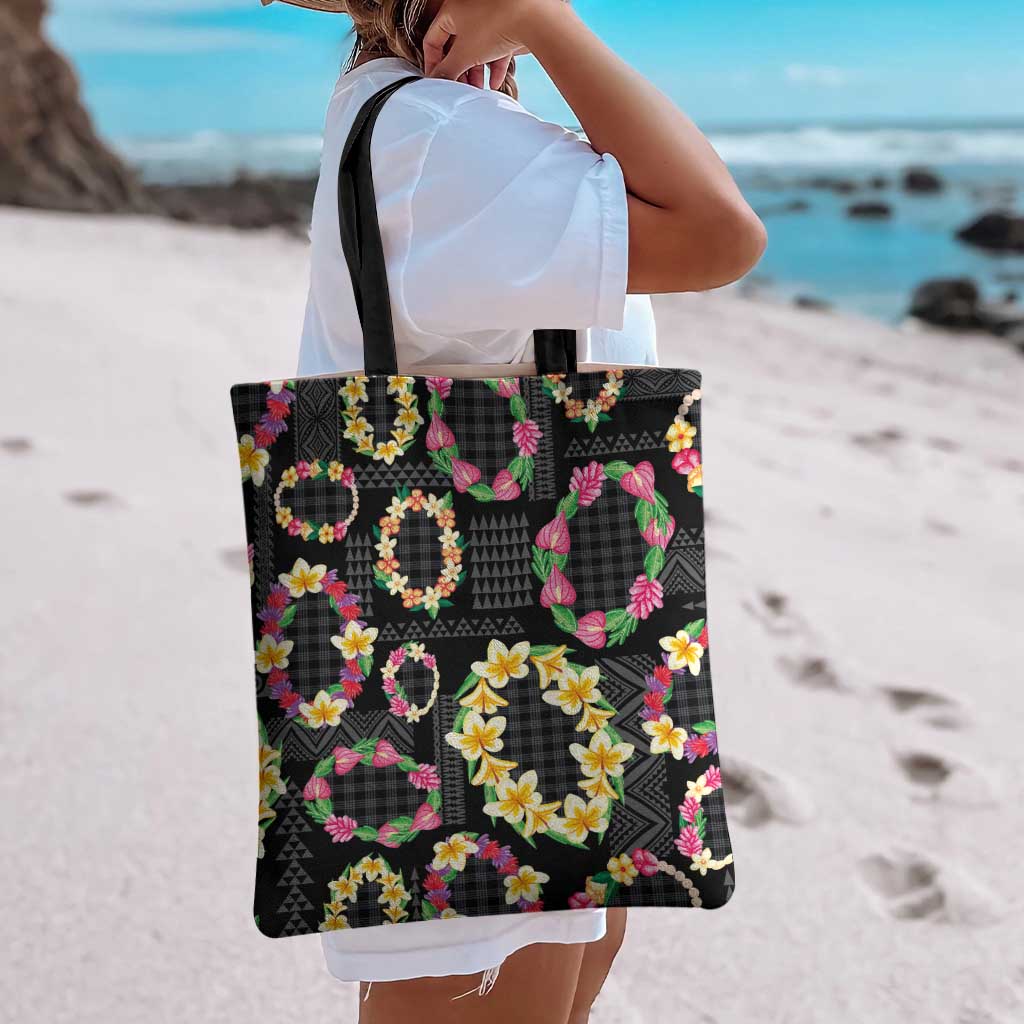 Hawaiian Kakau Tattoo Leis and Palaka Pattern Tote Bag Traditional Aloha Tribal Black Color