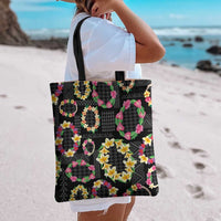 Hawaiian Kakau Tattoo Leis and Palaka Pattern Tote Bag Traditional Aloha Tribal Black Color
