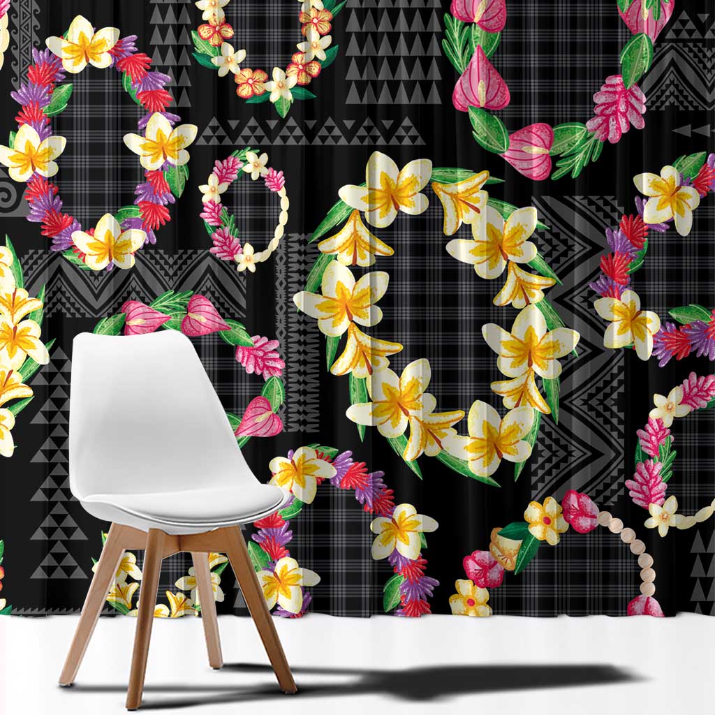 Hawaiian Kakau Tattoo Leis and Palaka Pattern Window Curtain Traditional Aloha Tribal Black Color