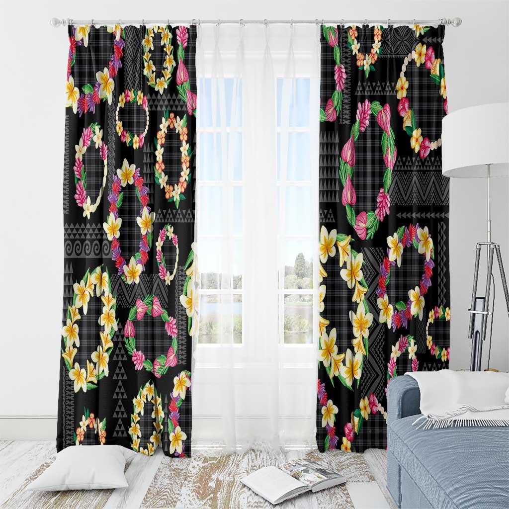 Hawaiian Kakau Tattoo Leis and Palaka Pattern Window Curtain Traditional Aloha Tribal Black Color