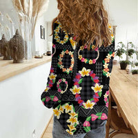 Hawaiian Kakau Tattoo Leis and Palaka Pattern Women Casual Shirt Traditional Aloha Tribal Black Color LT03 - Polynesian Pride