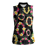 Hawaiian Kakau Tattoo Leis and Palaka Pattern Women Sleeveless Polo Shirt Traditional Aloha Tribal Black Color LT03 Female Black - Polynesian Pride