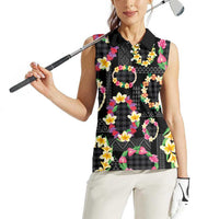 Hawaiian Kakau Tattoo Leis and Palaka Pattern Women Sleeveless Polo Shirt Traditional Aloha Tribal Black Color LT03 - Polynesian Pride