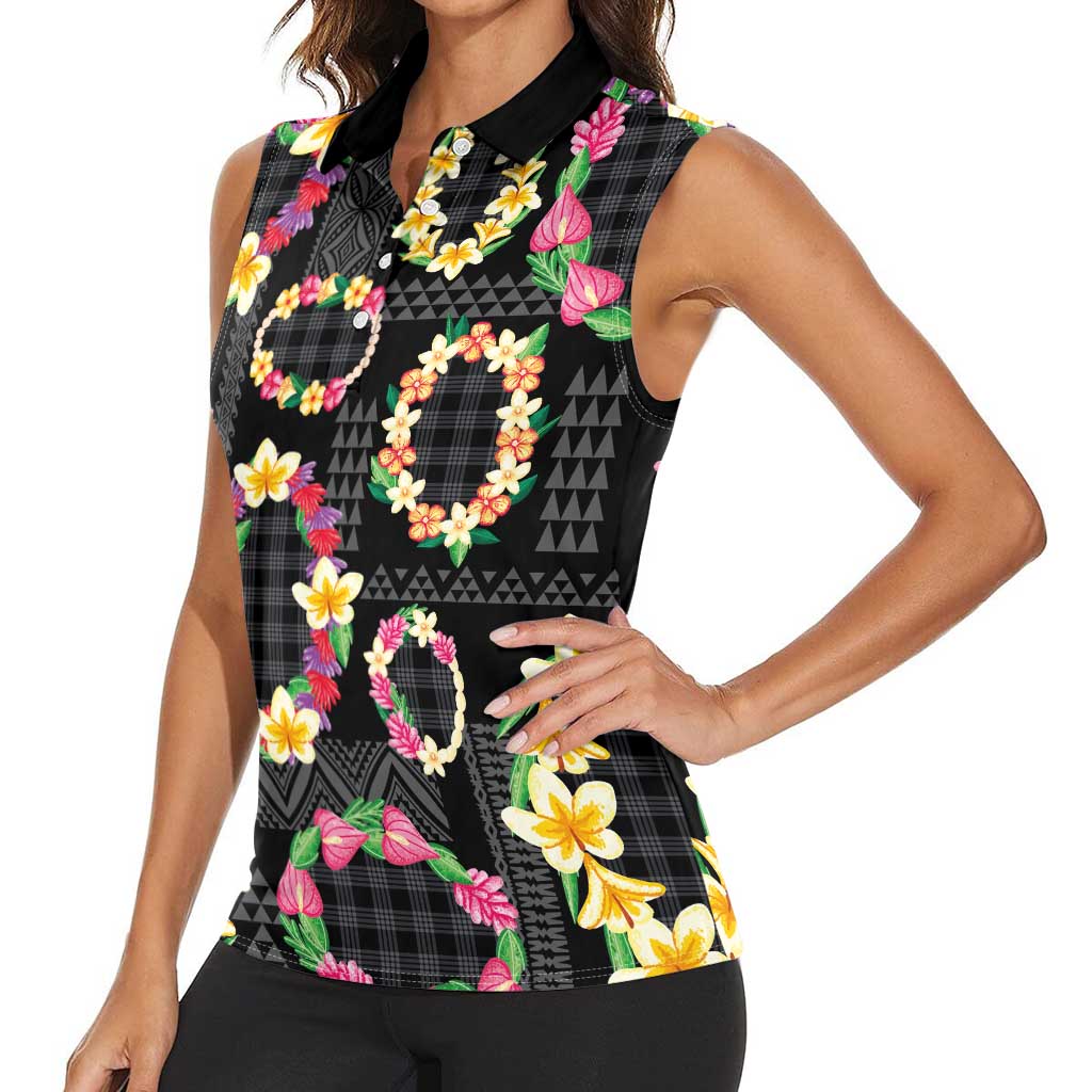 Hawaiian Kakau Tattoo Leis and Palaka Pattern Women Sleeveless Polo Shirt Traditional Aloha Tribal Black Color LT03 - Polynesian Pride