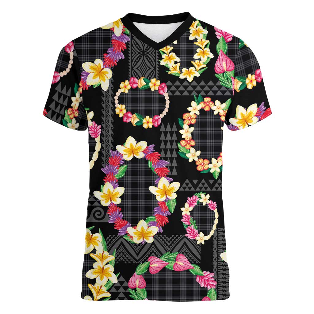 Hawaiian Kakau Tattoo Leis and Palaka Pattern Women V-Neck T-Shirt Traditional Aloha Tribal Black Color LT03 Female Black - Polynesian Pride