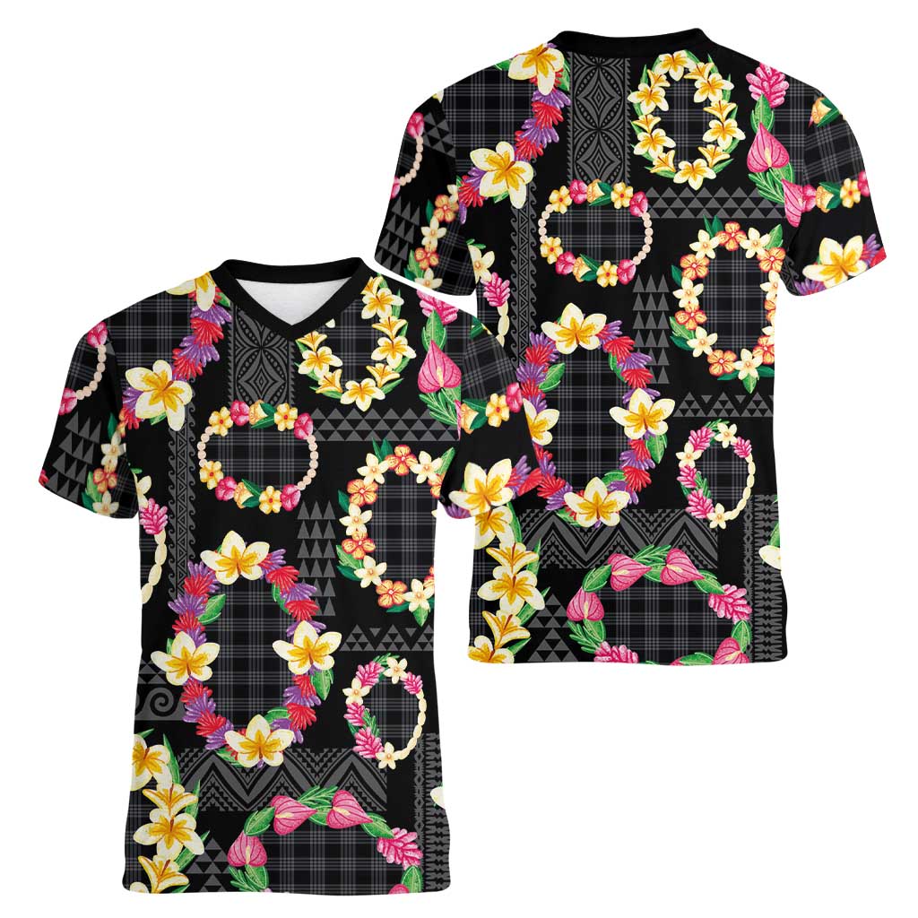 Hawaiian Kakau Tattoo Leis and Palaka Pattern Women V-Neck T-Shirt Traditional Aloha Tribal Black Color LT03 - Polynesian Pride