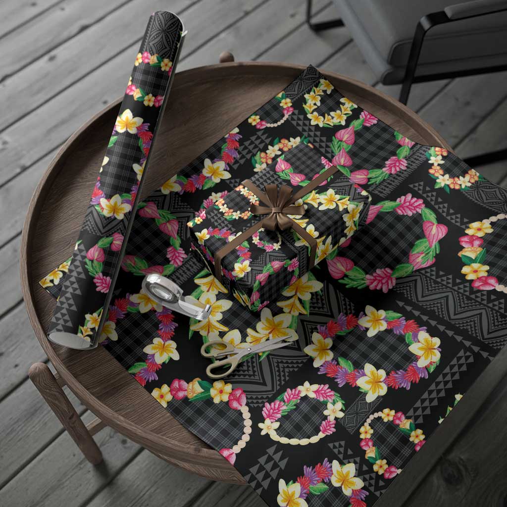 Hawaiian Kakau Tattoo Leis and Palaka Pattern Wrapping Paper Traditional Aloha Tribal Black Color