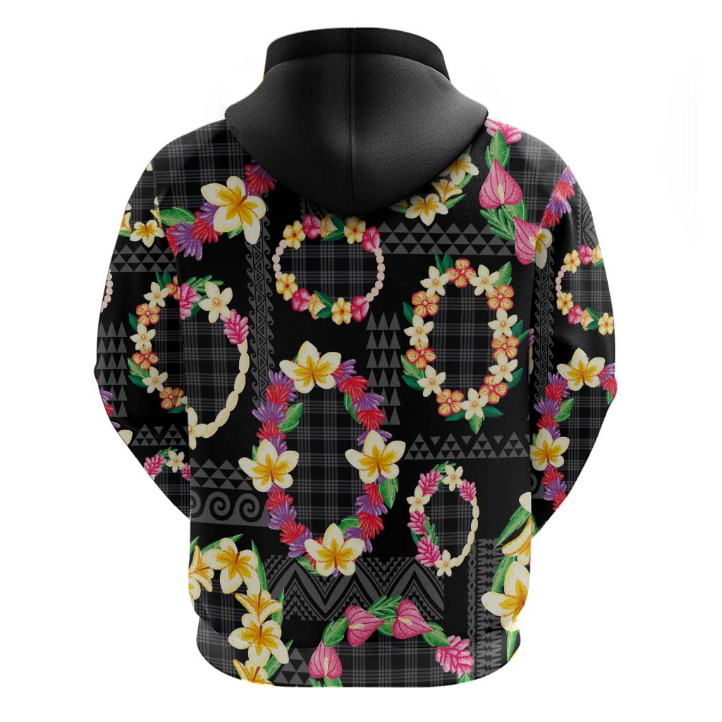 Hawaiian Kakau Tattoo Leis and Palaka Pattern Zip Hoodie Traditional Aloha Tribal Black Color