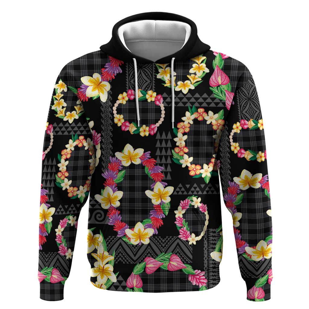 Hawaiian Kakau Tattoo Leis and Palaka Pattern Zip Hoodie Traditional Aloha Tribal Black Color