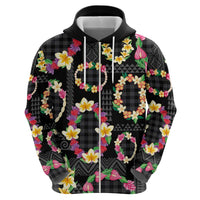 Hawaiian Kakau Tattoo Leis and Palaka Pattern Zip Hoodie Traditional Aloha Tribal Black Color