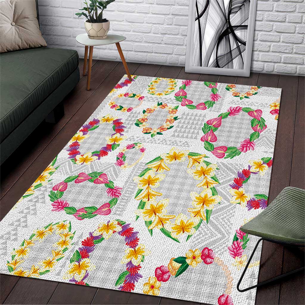 Hawaiian Kakau Tattoo Leis and Palaka Pattern Area Rug Traditional Aloha Tribal White Color