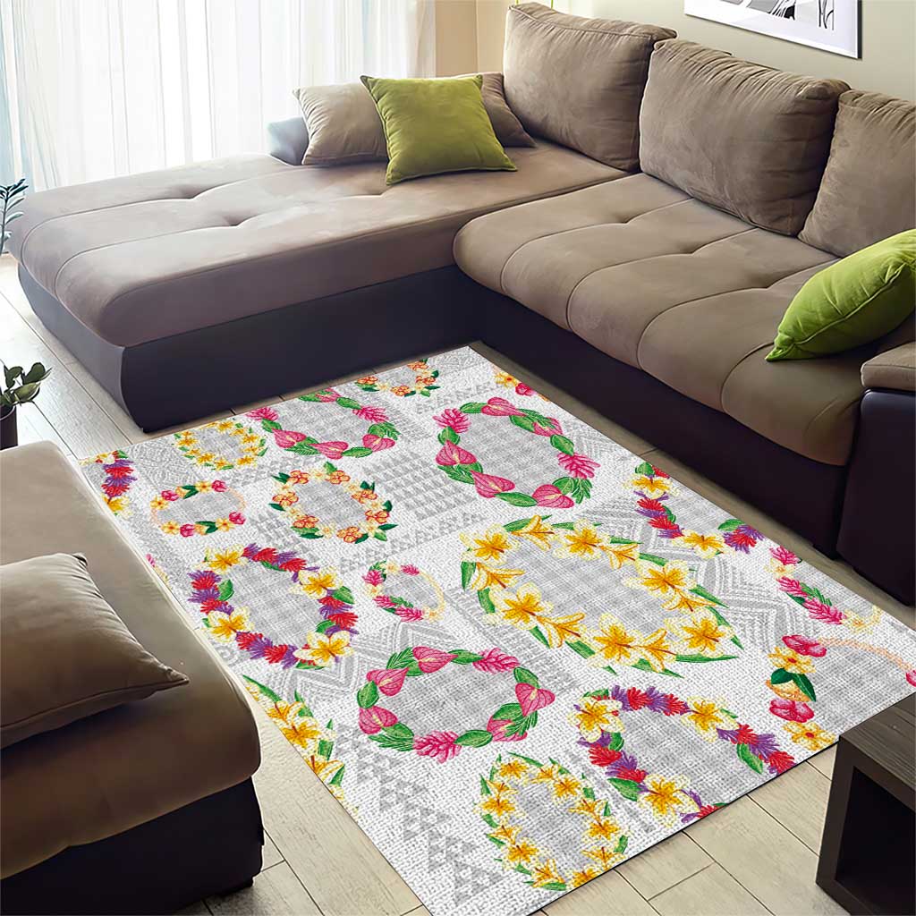 Hawaiian Kakau Tattoo Leis and Palaka Pattern Area Rug Traditional Aloha Tribal White Color