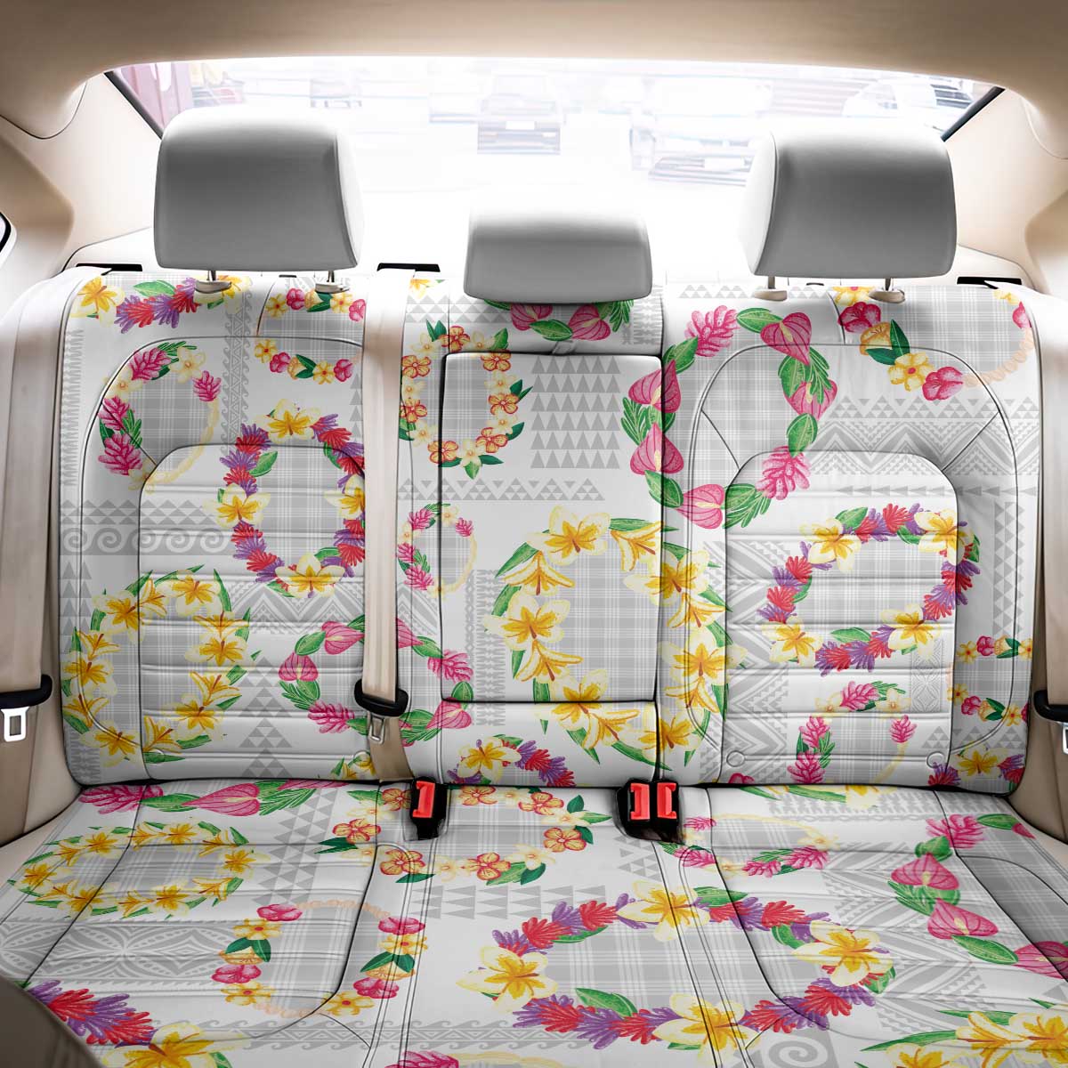 Hawaiian Kakau Tattoo Leis and Palaka Pattern Back Car Seat Cover Traditional Aloha Tribal White Color