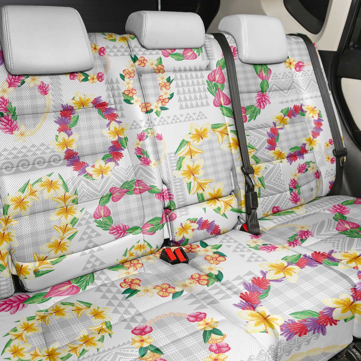 Hawaiian Kakau Tattoo Leis and Palaka Pattern Back Car Seat Cover Traditional Aloha Tribal White Color