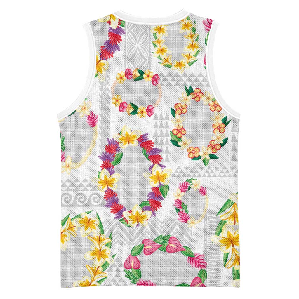 Hawaiian Kakau Tattoo Leis and Palaka Pattern Basketball Jersey Traditional Aloha Tribal White Color
