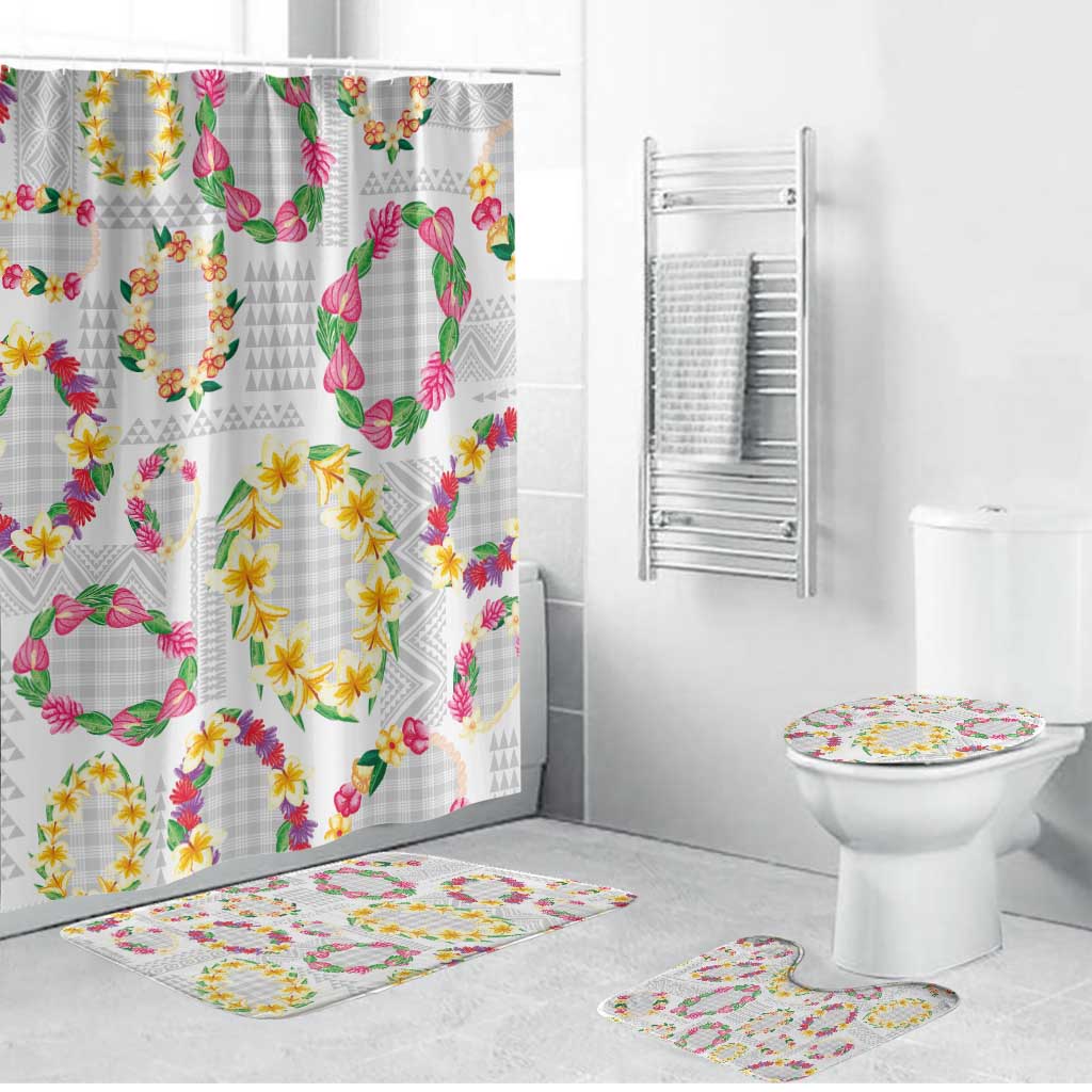 Hawaiian Kakau Tattoo Leis and Palaka Pattern Bathroom Set Traditional Aloha Tribal White Color