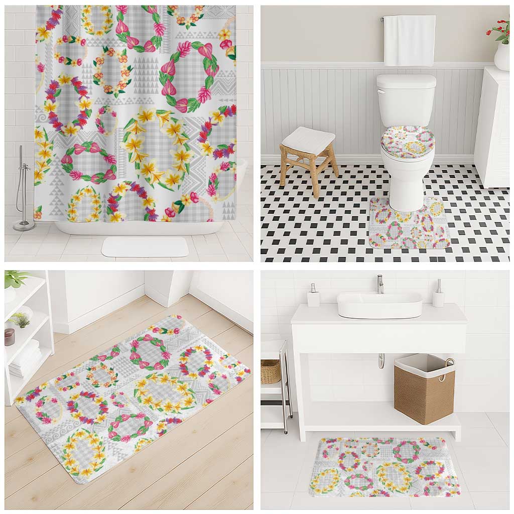 Hawaiian Kakau Tattoo Leis and Palaka Pattern Bathroom Set Traditional Aloha Tribal White Color