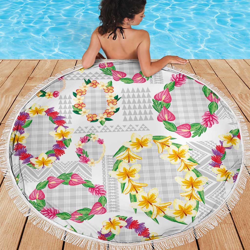 Hawaiian Kakau Tattoo Leis and Palaka Pattern Beach Blanket Traditional Aloha Tribal White Color