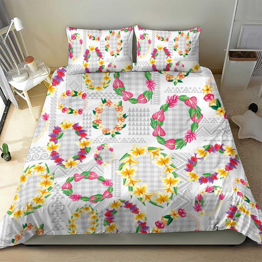 Hawaiian Kakau Tattoo Leis and Palaka Pattern Bedding Set Traditional Aloha Tribal White Color