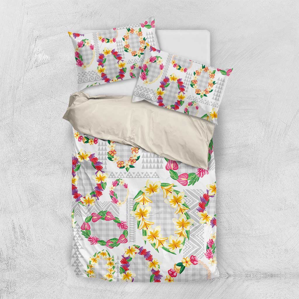 Hawaiian Kakau Tattoo Leis and Palaka Pattern Bedding Set Traditional Aloha Tribal White Color