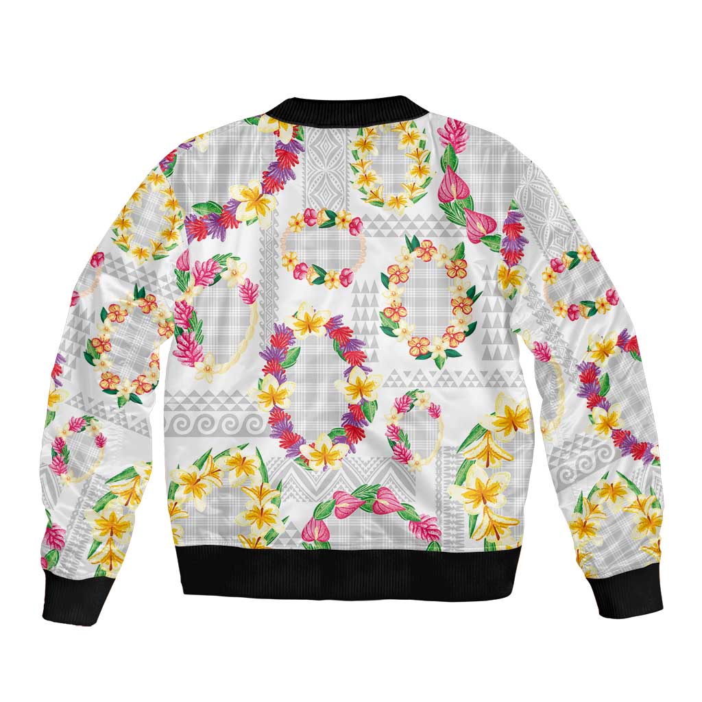 Hawaiian Kakau Tattoo Leis and Palaka Pattern Bomber Jacket Traditional Aloha Tribal White Color