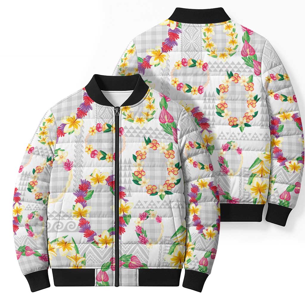 Hawaiian Kakau Tattoo Leis and Palaka Pattern Bomber Puffer Jacket Traditional Aloha Tribal White Color