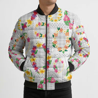 Hawaiian Kakau Tattoo Leis and Palaka Pattern Bomber Puffer Jacket Traditional Aloha Tribal White Color