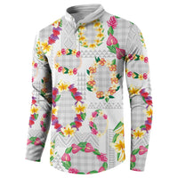 Hawaiian Kakau Tattoo Leis and Palaka Pattern Button Sweatshirt Traditional Aloha Tribal White Color