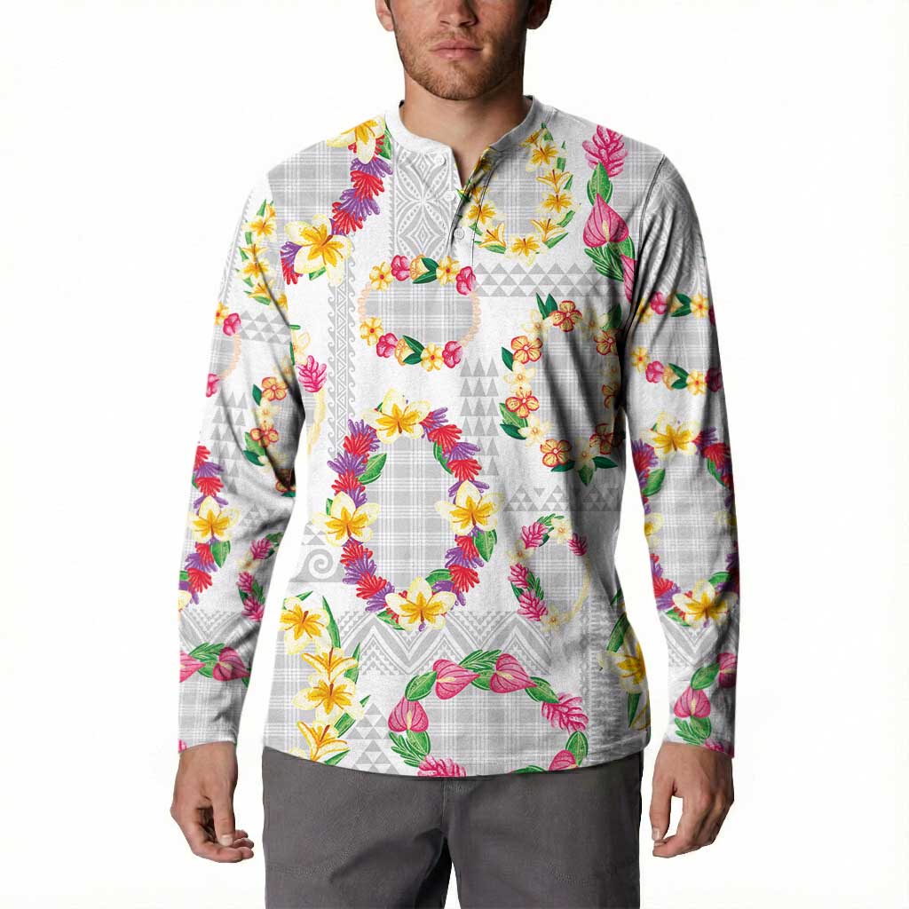 Hawaiian Kakau Tattoo Leis and Palaka Pattern Button Sweatshirt Traditional Aloha Tribal White Color