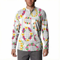 Hawaiian Kakau Tattoo Leis and Palaka Pattern Button Sweatshirt Traditional Aloha Tribal White Color