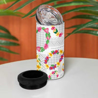 Hawaiian Kakau Tattoo Leis and Palaka Pattern 4 in 1 Can Cooler Tumbler Traditional Aloha Tribal White Color