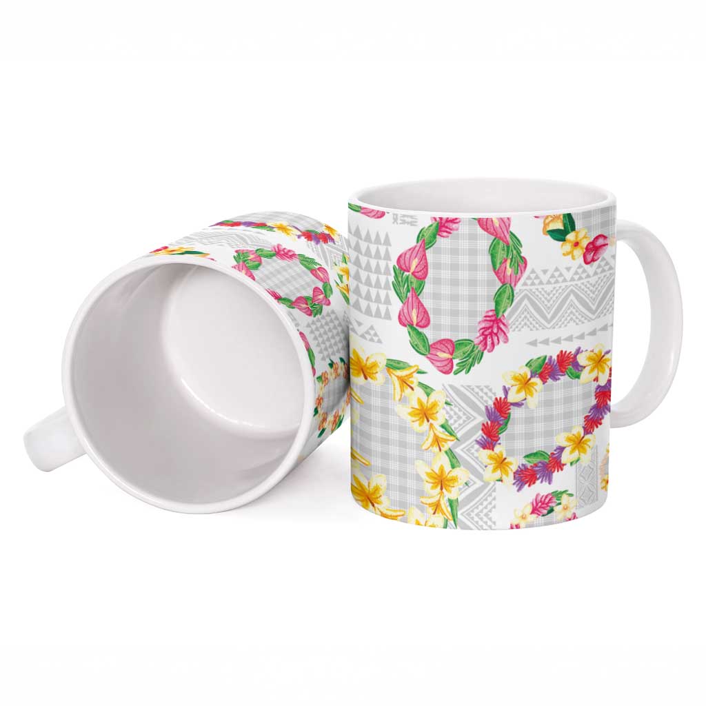 Hawaiian Kakau Tattoo Leis and Palaka Pattern Ceramic Mug Traditional Aloha Tribal White Color