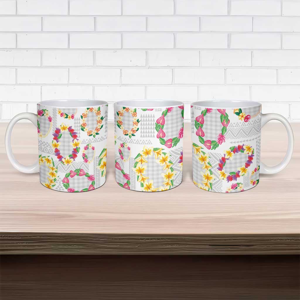 Hawaiian Kakau Tattoo Leis and Palaka Pattern Ceramic Mug Traditional Aloha Tribal White Color