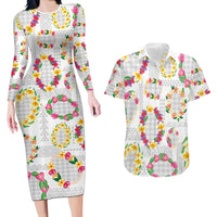 Hawaiian Kakau Tattoo Leis and Palaka Pattern Couples Matching Long Sleeve Bodycon Dress and Hawaiian Shirt Traditional Aloha Tribal White Color LT03 White - Polynesian Pride