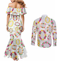 Hawaiian Kakau Tattoo Leis and Palaka Pattern Couples Matching Mermaid Dress and Long Sleeve Button Shirt Traditional Aloha Tribal White Color LT03 - Polynesian Pride