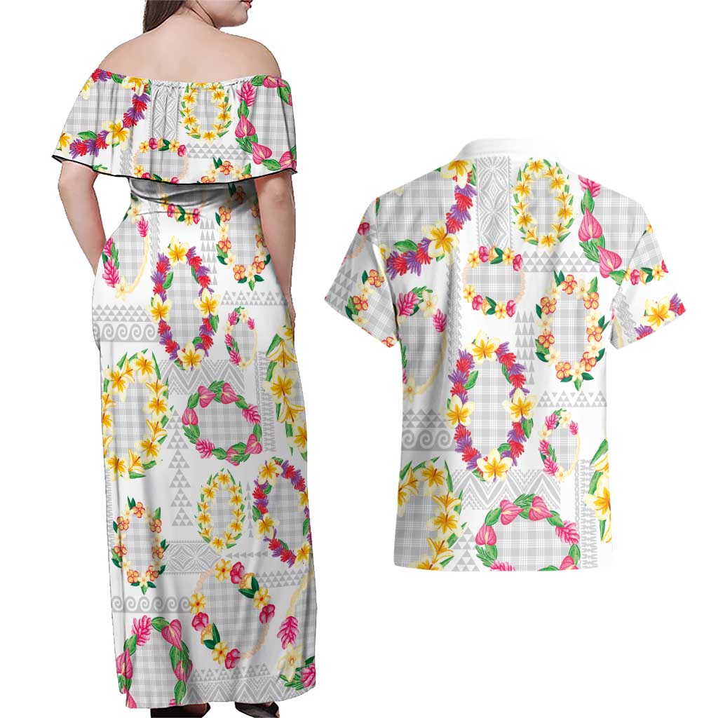 Hawaiian Kakau Tattoo Leis and Palaka Pattern Couples Matching Off Shoulder Maxi Dress and Hawaiian Shirt Traditional Aloha Tribal White Color LT03 - Polynesian Pride