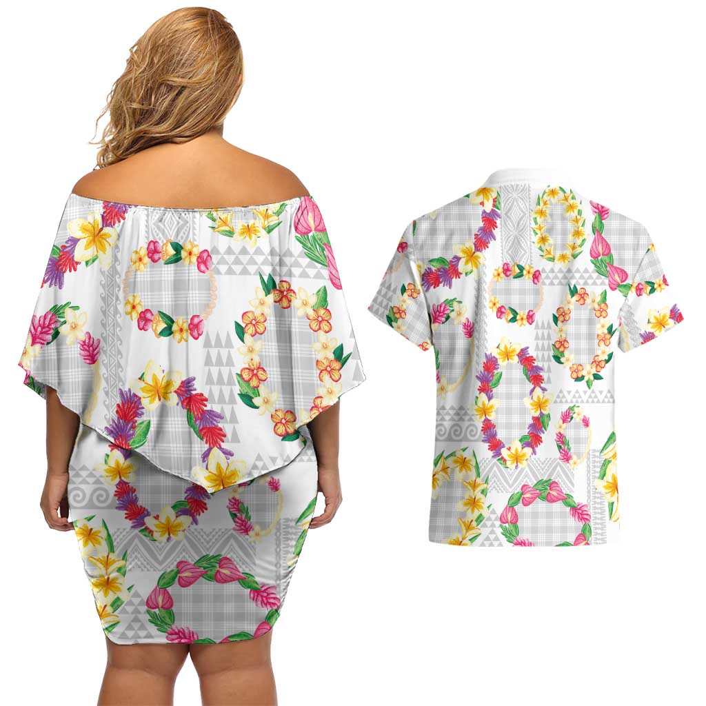 Hawaiian Kakau Tattoo Leis and Palaka Pattern Couples Matching Off Shoulder Short Dress and Hawaiian Shirt Traditional Aloha Tribal White Color LT03 - Polynesian Pride