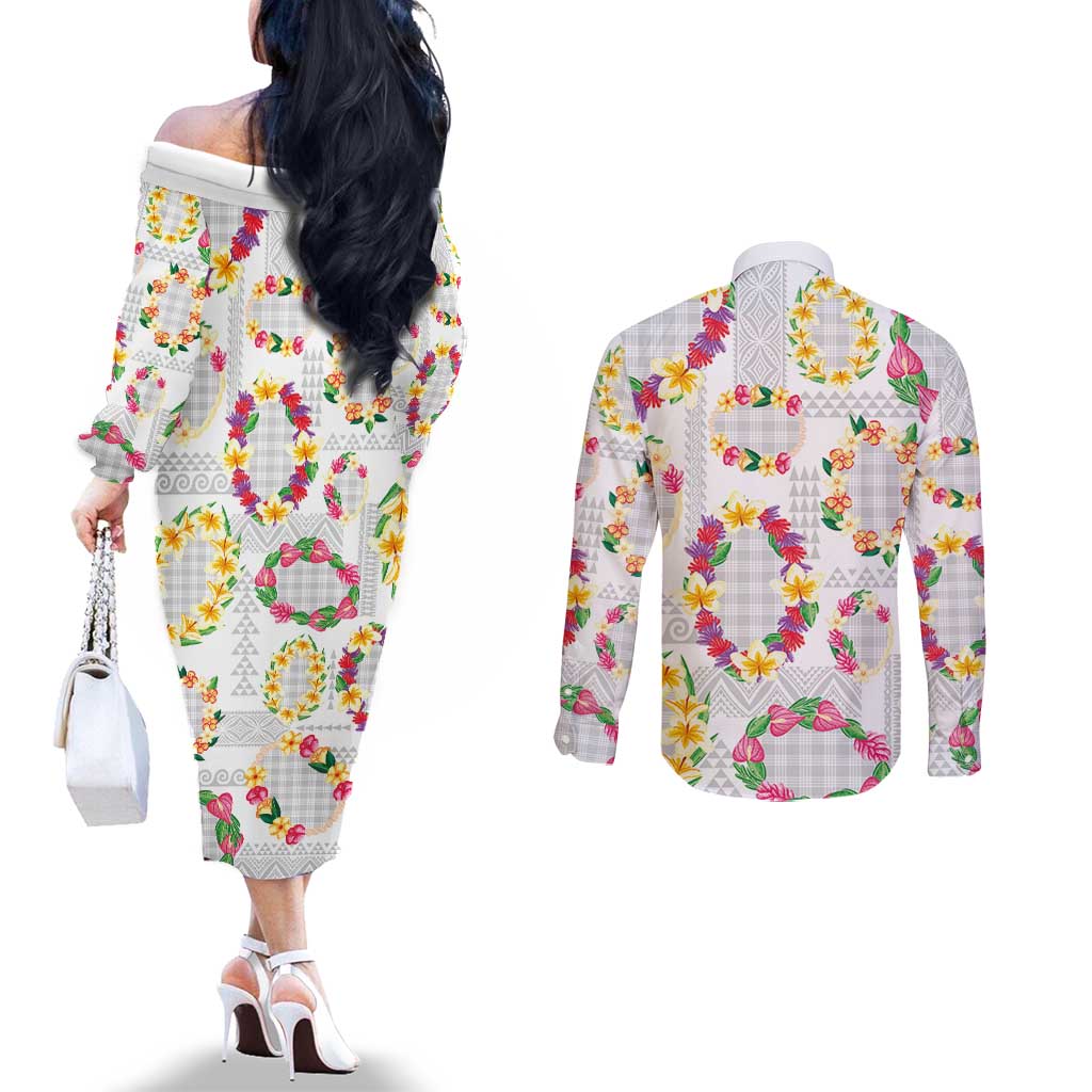 Hawaiian Kakau Tattoo Leis and Palaka Pattern Couples Matching Off The Shoulder Long Sleeve Dress and Long Sleeve Button Shirt Traditional Aloha Tribal White Color LT03 - Polynesian Pride