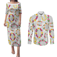 Hawaiian Kakau Tattoo Leis and Palaka Pattern Couples Matching Puletasi and Long Sleeve Button Shirt Traditional Aloha Tribal White Color