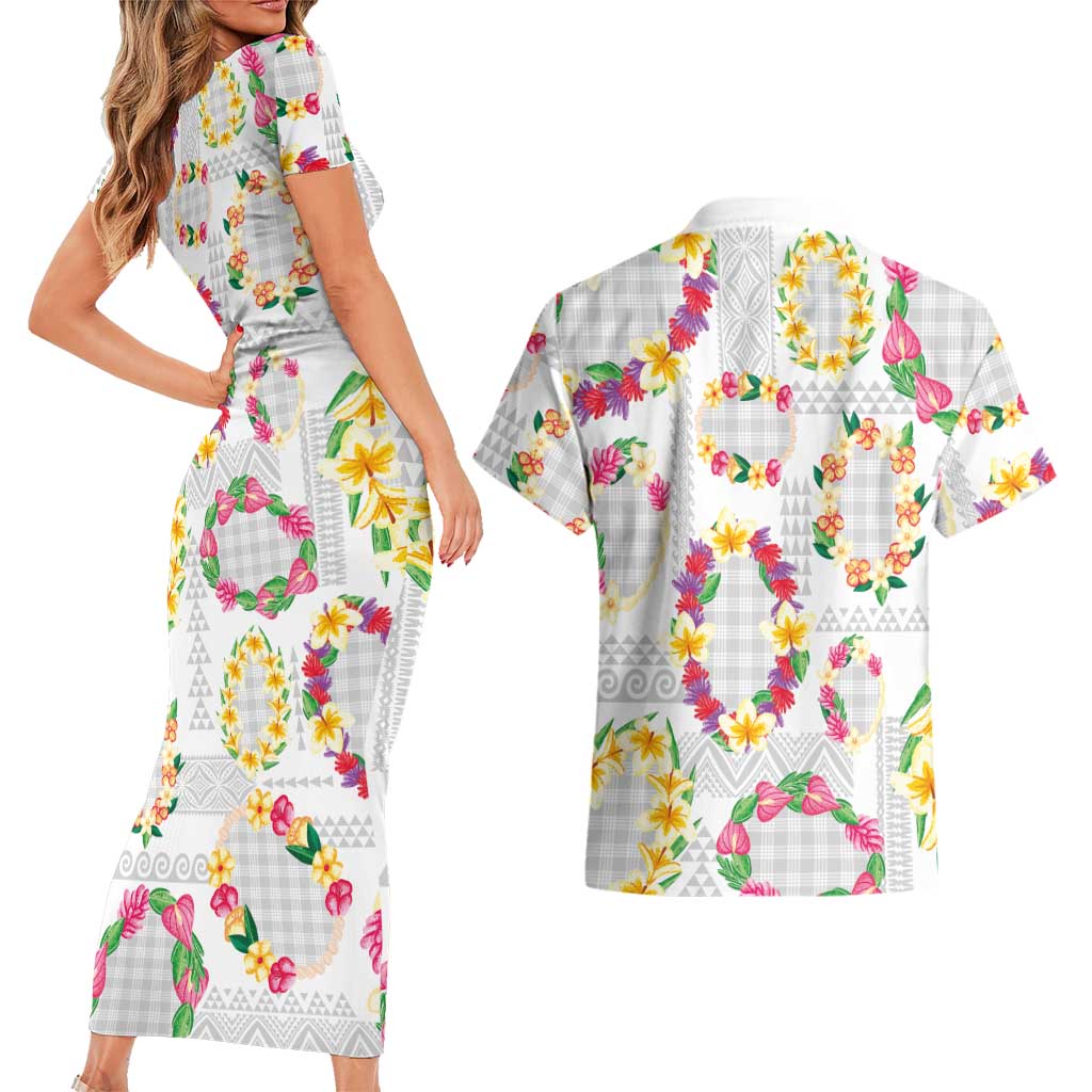 Hawaiian Kakau Tattoo Leis and Palaka Pattern Couples Matching Short Sleeve Bodycon Dress and Hawaiian Shirt Traditional Aloha Tribal White Color LT03 - Polynesian Pride