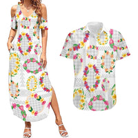 Hawaiian Kakau Tattoo Leis and Palaka Pattern Couples Matching Summer Maxi Dress and Hawaiian Shirt Traditional Aloha Tribal White Color LT03 White - Polynesian Pride