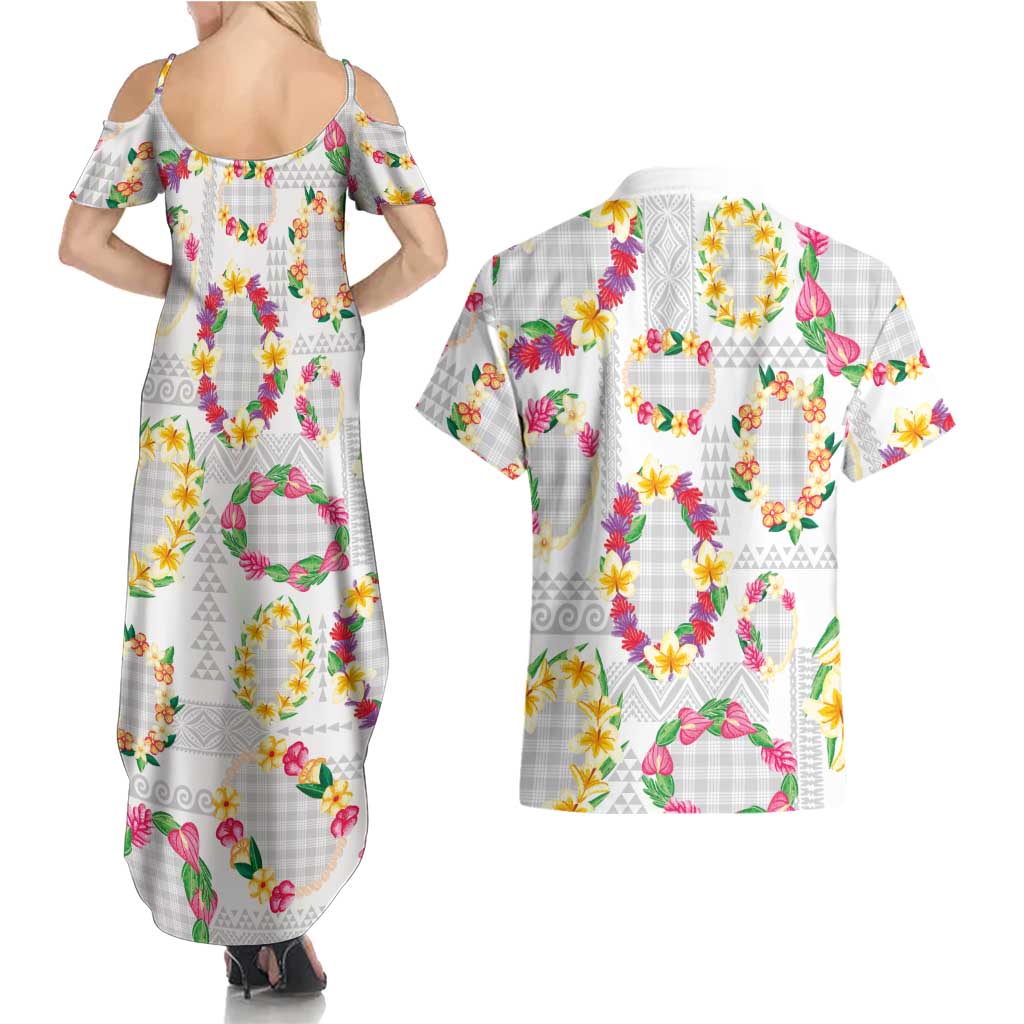 Hawaiian Kakau Tattoo Leis and Palaka Pattern Couples Matching Summer Maxi Dress and Hawaiian Shirt Traditional Aloha Tribal White Color LT03 - Polynesian Pride