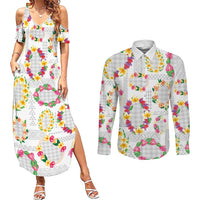 Hawaiian Kakau Tattoo Leis and Palaka Pattern Couples Matching Summer Maxi Dress and Long Sleeve Button Shirt Traditional Aloha Tribal White Color