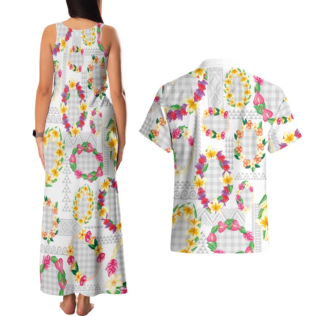 Hawaiian Kakau Tattoo Leis and Palaka Pattern Couples Matching Tank Maxi Dress and Hawaiian Shirt Traditional Aloha Tribal White Color LT03 - Polynesian Pride