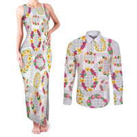 Hawaiian Kakau Tattoo Leis and Palaka Pattern Couples Matching Tank Maxi Dress and Long Sleeve Button Shirt Traditional Aloha Tribal White Color LT03 White - Polynesian Pride